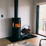 cozy fireplace in light minimalist living room