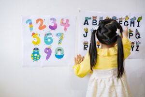 girl in yellow long sleeve dress reading the alphabets on wall