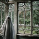 person in ghost costume standing beside windows